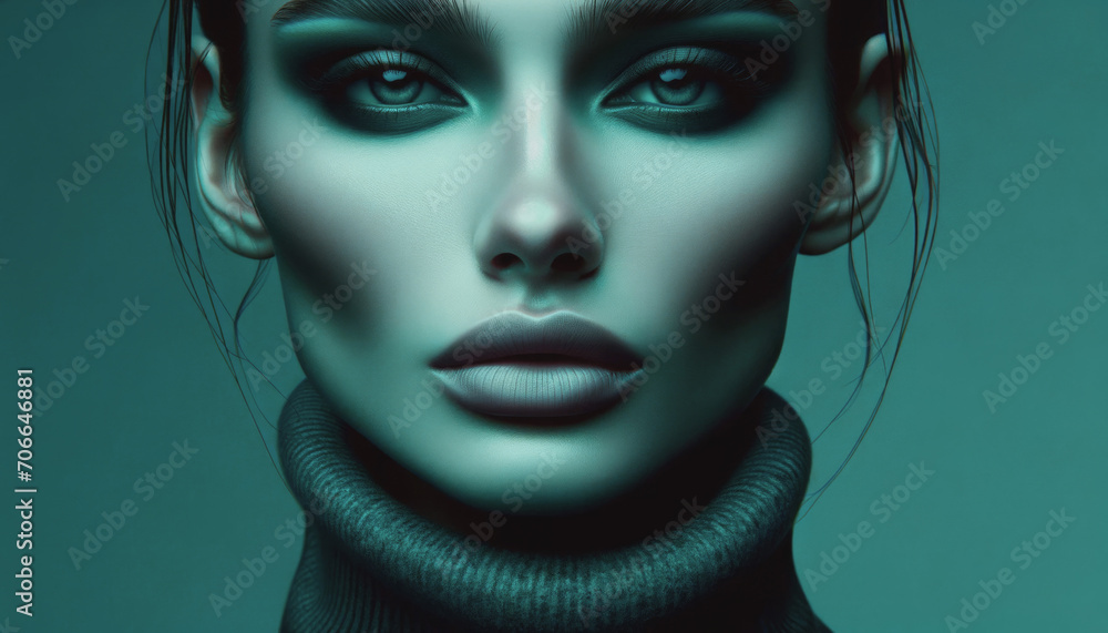 custom made wallpaper toronto digitalAI generated illustration of a woman with a striking teal complexion, bold eye makeup and full lips