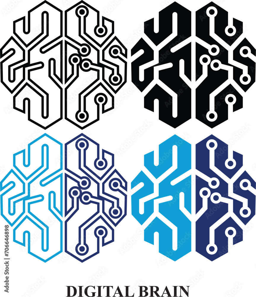 Digital Brain Artificial intelligence black & white and colorful icon ...