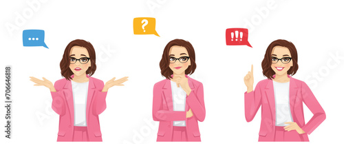 Elegant beautiful business woman in suit frustrated, thinking and making idea pointing up isolated on white background vector illustration