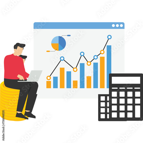 financial report illustration. The characters analyze charts, balance sheets, income statements and other business data. Financial management concept. Vector illustration.

