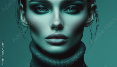 AI generated illustration of a woman with a striking teal complexion, bold eye makeup and full lips