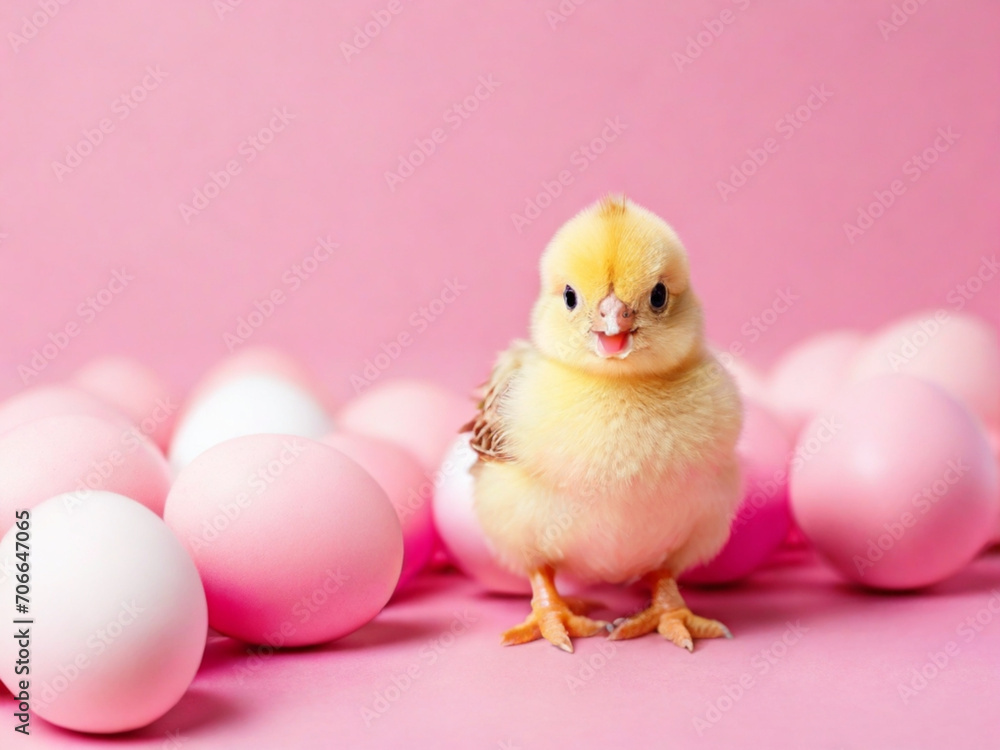 Little chicken looking at the egg on pink background with copy space 