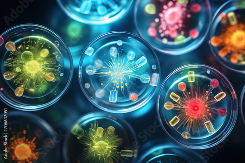 Illnesses research treatment concept. Bacterias top view of variety of microorganism in blood petri dish plate in laboratory with super zoom background, including of bacteria, protozoa algae fungi. 
