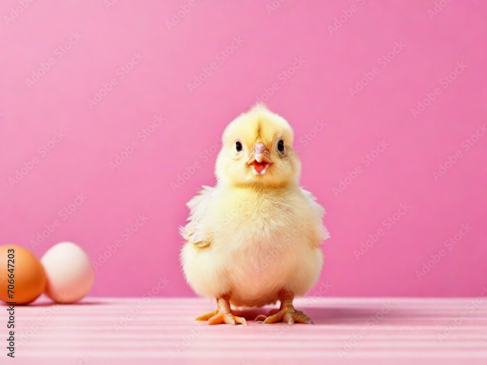 Little chicken looking at the egg on pink background with copy space 