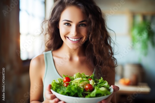 Beautiful woman eating healthy salad in the kitchen