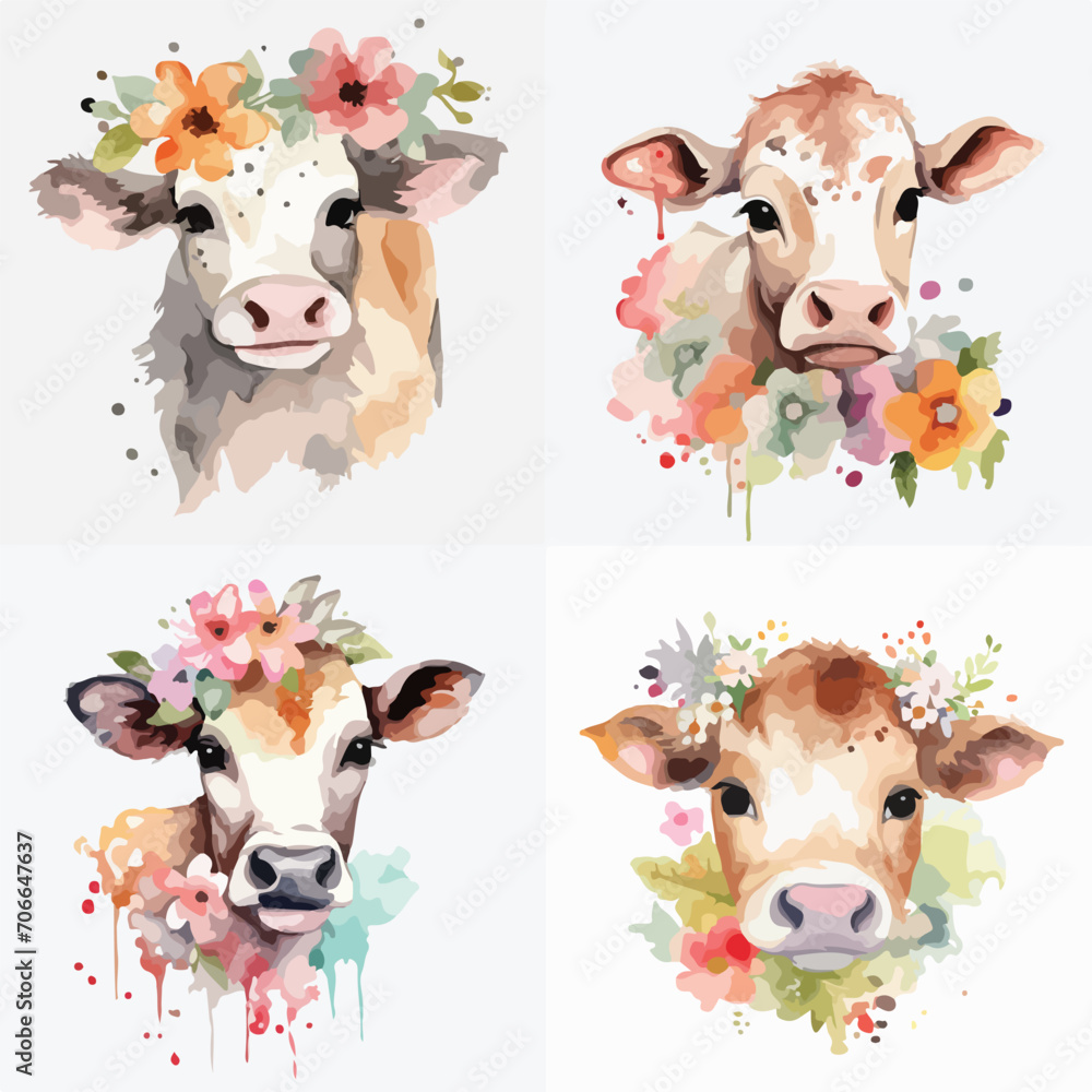 Adorable Baby Cow Nursery Watercolor Vector Illustration