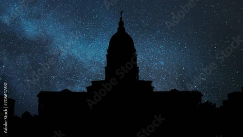 Kansas State Capitol building in Topeka, Time Lapse by Night with Stars and Milky Way in Background, USA photo