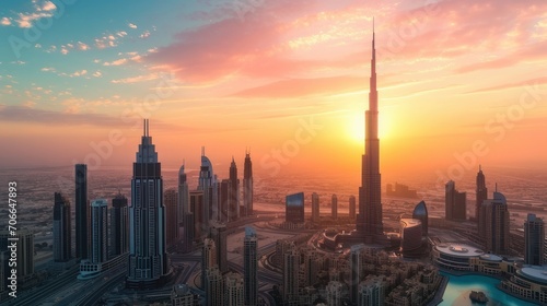Dubai, UAE Burj Khalifa, Boulevard Plaza Tower, Address Downtown, vertical frame, sunset