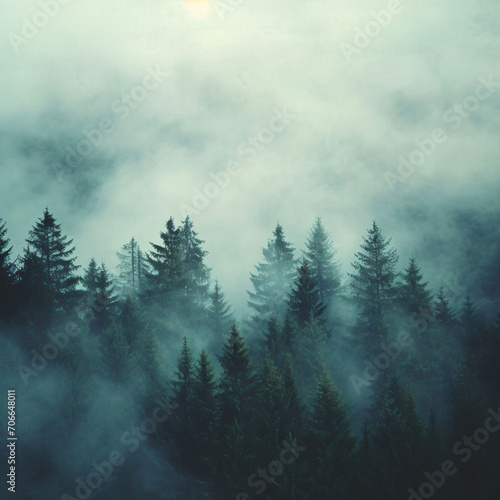 Mystical Canopy  Photographing a Foggy Forest from the Crown of the Trees - A Captivating Glimpse into the Enchanting Depths of Nature s Embrace - Generative AI