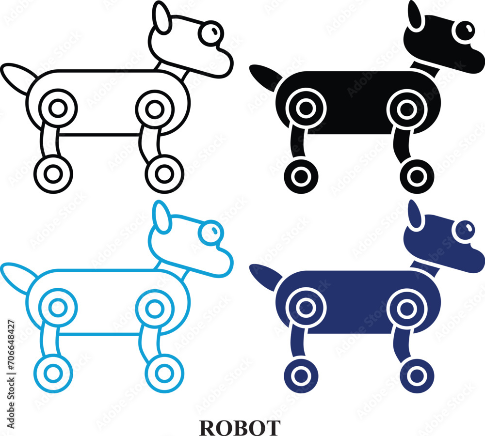 Robot Artificial intelligence black & white and colorful icon set. Editable icon set of Robot Dog isolated on white background. high quality icon set of AI Dog. Robot Artificial intelligence black & white and colorful icon set. Editable icon set of Robot Dog isolated on white background. high quality icon set of AI Dog.