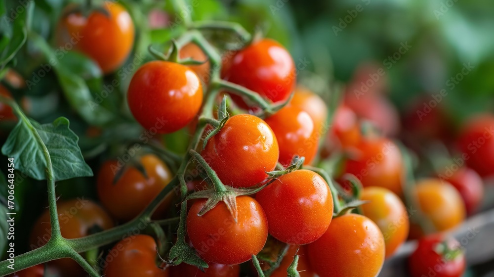 Ripe cherry tomatoes on vine in garden.