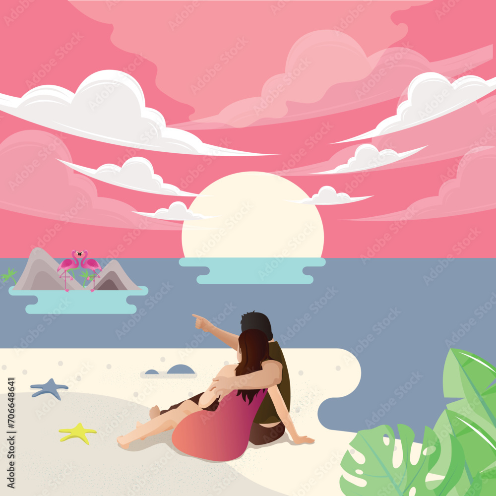 Flat Summer Day Illustration With Couple On Beach  