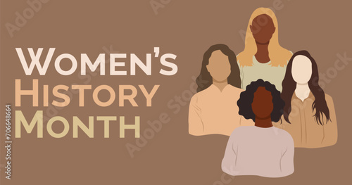 Banner with different ladies and text WOMEN HISTORY MONTH on beige background