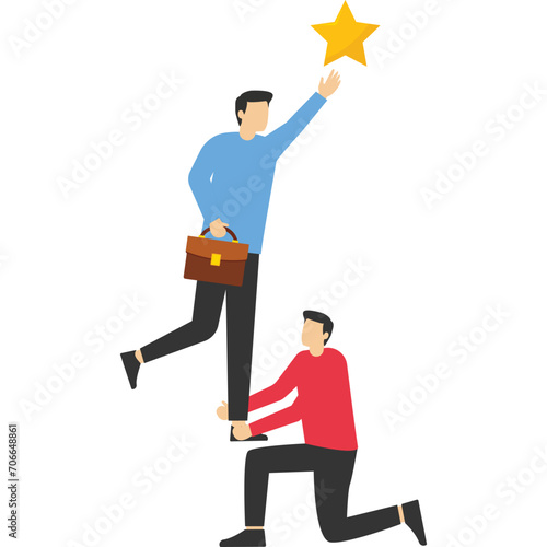teamwork or support to achieve business goal reach star, partnership or manager guidance to help success concept, businessman manager support colleague.

