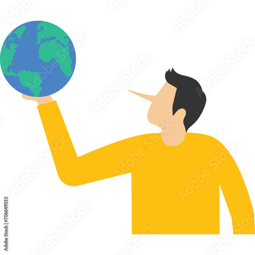 the businessman with the Pinocchio nose lied about saving the world. liar can't keep promise or reduce greenhouse effect pollution, global warming problem concept, world leader climate change failure.
