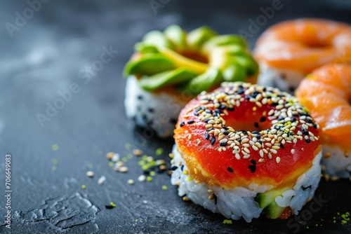 Sushi donuts on dark concrete table, japanese sushi made in shape of donuts, trendy food mashup concept.