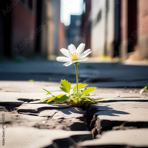 white flower growing on crack street, soft focus, blank text
