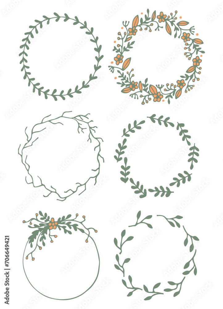 Botanical circle frame. Hand drawn round line border, leaves and flowers, wedding invitation and cards, logo design and posters template. Elegant vector illustration