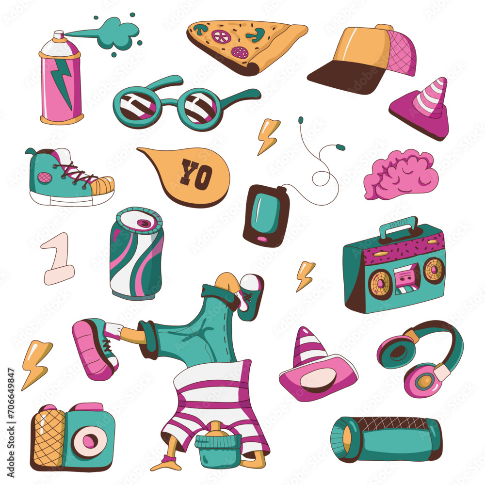 Groovy hip-hop set. Funny B-Boy, sunglasses, tape recorder, pizza, drink, earphones, camera, sneakers, graffiti spray, calonka, cap, etc. Set of stickers in trendy cartoon style. Isolated vector