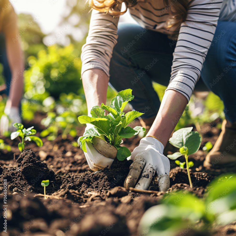 Fototapeta premium Green Beginnings: Gardener Tenderly Planting a Young Seedling - A Gentle Moment of Horticultural Care and Botanical Growth - Generative AI