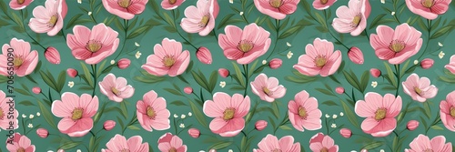Pattern of pink flowers on a green background. Seamless pattern of flowers.