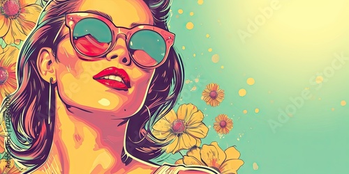 Beautiful 90s Woman Upper Body Spring Vintage Comic Style Poster Background - 1990s Girl Cartoon Spring Wallpaper created with Generative AI Technology