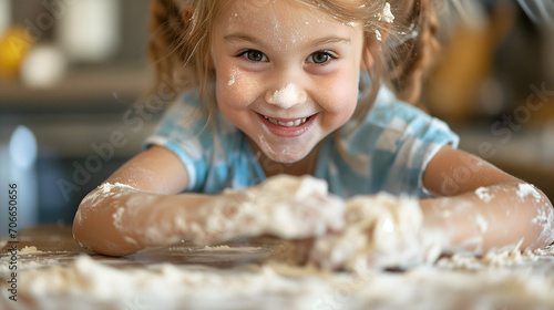 Smiling Child Playing with Flour While Baking