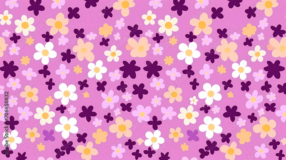 Geometric raster abstract floral ornament simple minimalist seamless pattern. ornamental texture with flower shapes in purple, white, yellow with plum background. Geometric raster abstract floral ornament simple minimalist seamless pattern. ornamental texture with flower shapes in purple, white, yellow with plum background.