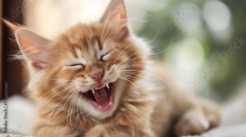Adorable Ginger Kitten Yawning with Whiskers Extended