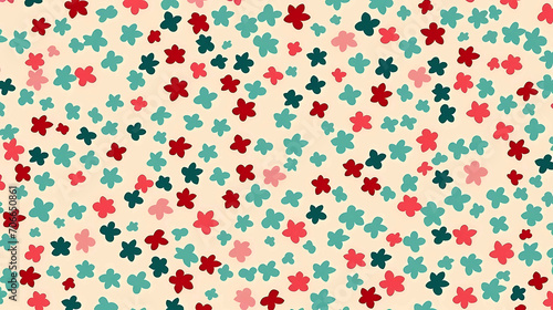 Geometric raster abstract tiny floral ornament. simple minimalist seamless pattern. ornamental texture with flower shapes in red, pink, teal with beige background. 