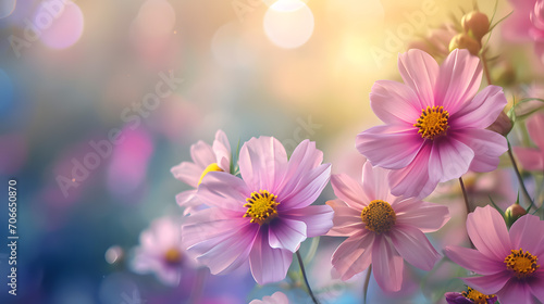 Soft Pink Cosmos Flowers with Bokeh Light Background