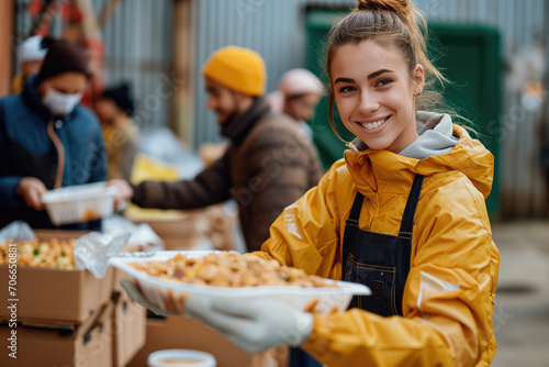 Positive attractive young volunteer working in humanitarian aid center, serving free food to people in need