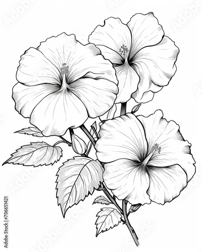 Beautiful hibiscus flowers outline drawing coloring book picture