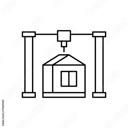 Printing modular 3d house construction, line icon. Building home from prefabricated panels. Modern prefab fast technology in building and architecture. Editable stroke. Vector outline