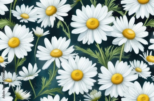 Painted colourful spring daisy flower pattern on green background