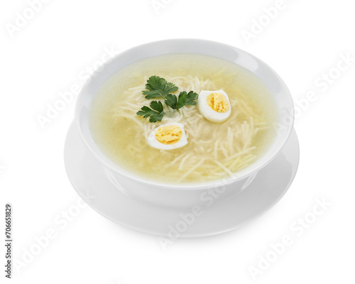 Tasty soup with noodles, egg and parsley in bowl isolated on white