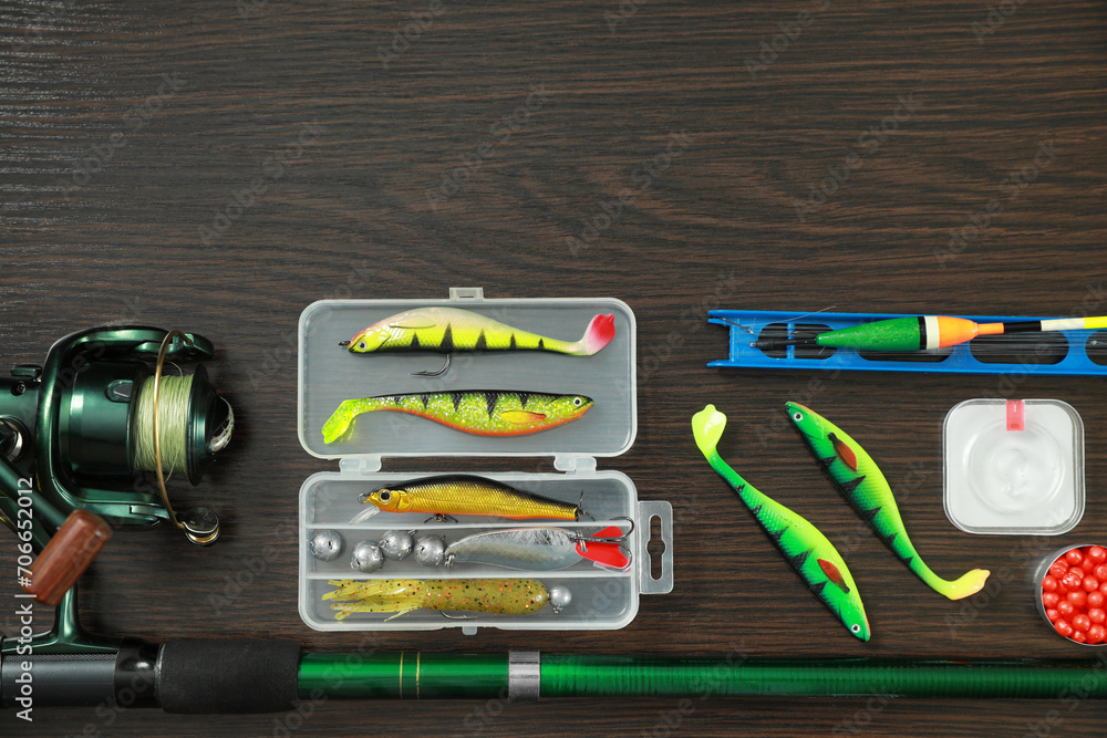 Fishing tackle on dark wooden background, flat lay. Space for text Fishing tackle on dark wooden background, flat lay. Space for text