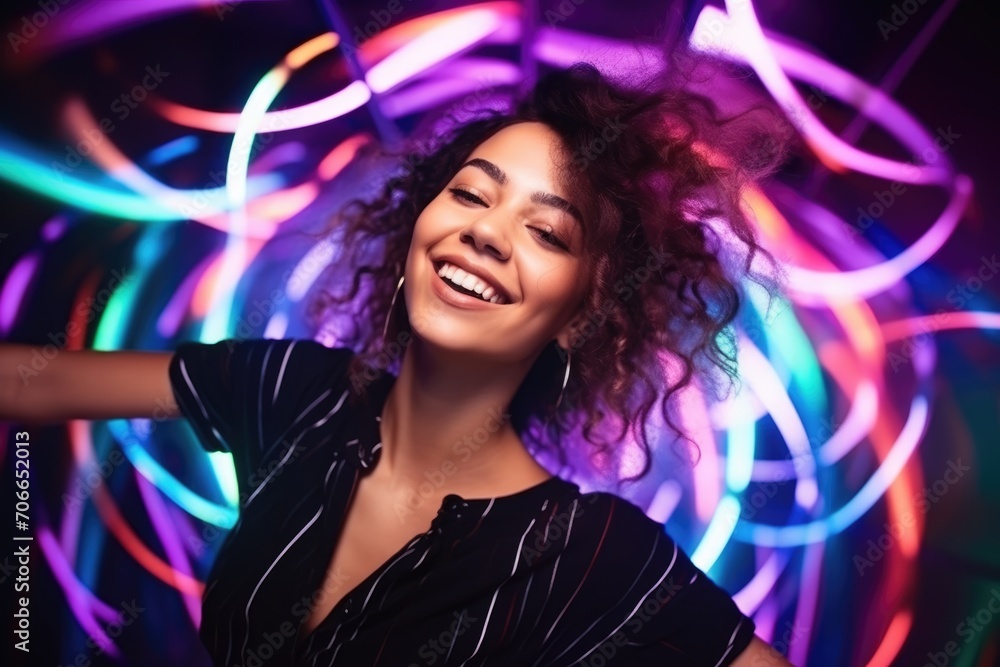 happy woman dancing in neon light happy woman dancing in neon light