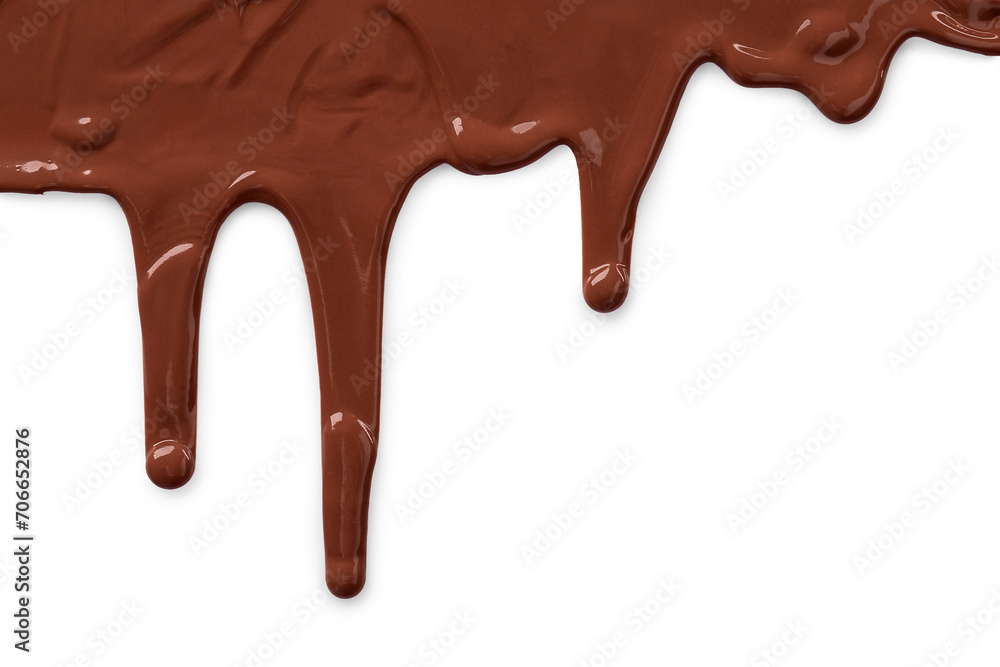 Tasty melted milk chocolate pouring down on white background Tasty melted milk chocolate pouring down on white background