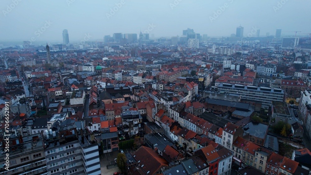 Aerial of the capital city Brussels in Belgium on an early morning in late autumn.
