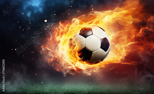 A football ball flies with a plume of fire against a dark sky, a fast football concept