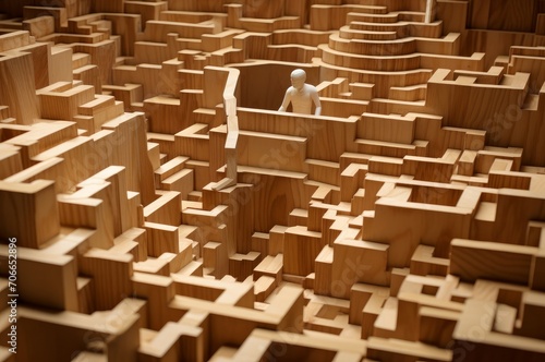 Persistent Man stuck in the middle of maze. Confused male blocked in round labyrinth. Generate ai