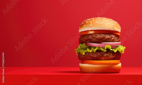 Double hamburger on red background, panorama with weight for your text © Alina Zavhorodnii