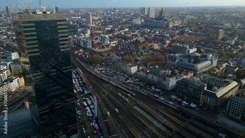 Aerial of the capital city Brussels in Belgium on an early morning in late autumn.