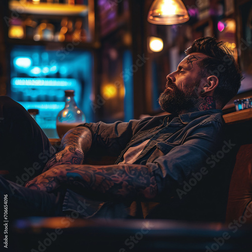 Ink and Spirits: Tattooed Man Relaxing at a Bar - A Snapshot of Urban Coolness and Personal Expression Over a Drink - Generative AI