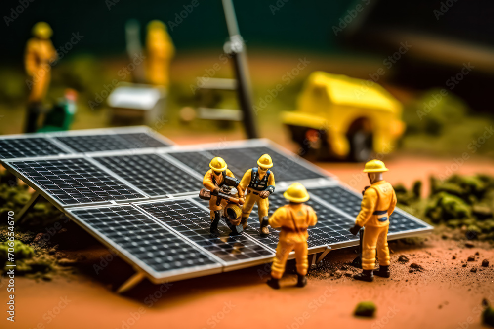 Miniature workers near solar panels Miniature workers near solar panels