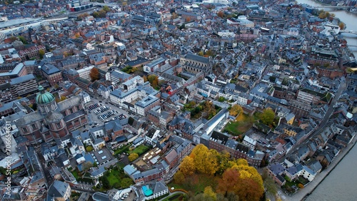 Aerial around the old town of Namur in Belgium on a cloudy afternoon in autumn. photo