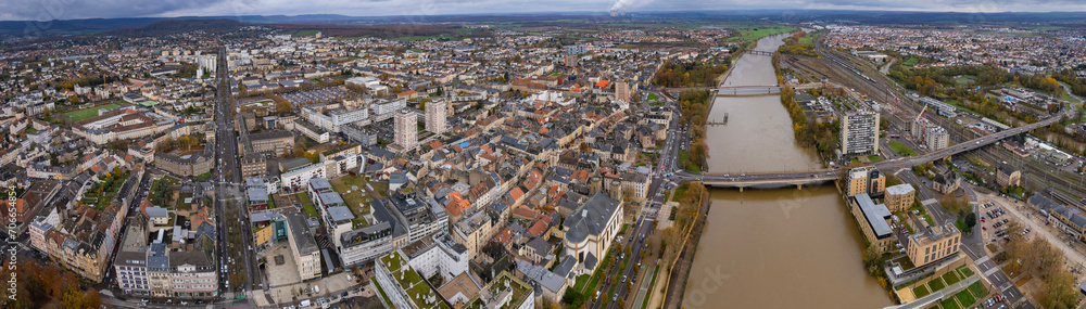 Aerial of the city Thionville in France on a sunny noon in autumn.