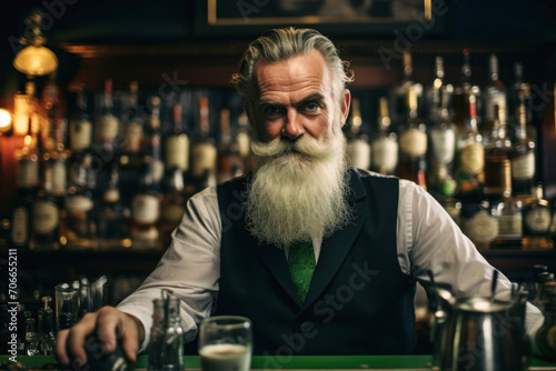 Bartender closeup with gray hair, beard and green tie behind the bar counter serving beers on St. Patrick's Day. Irish hospitality and celebration. Generative Ai photo