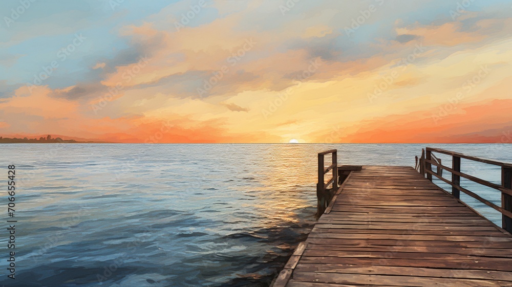 Beautiful lake water sunset with wooden dock wallpaper